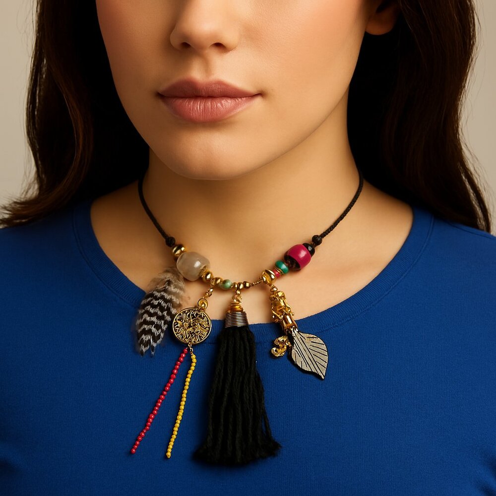 Black Cord Statement Necklace – Colorful Beads, Black Tassel & Charm Pendant